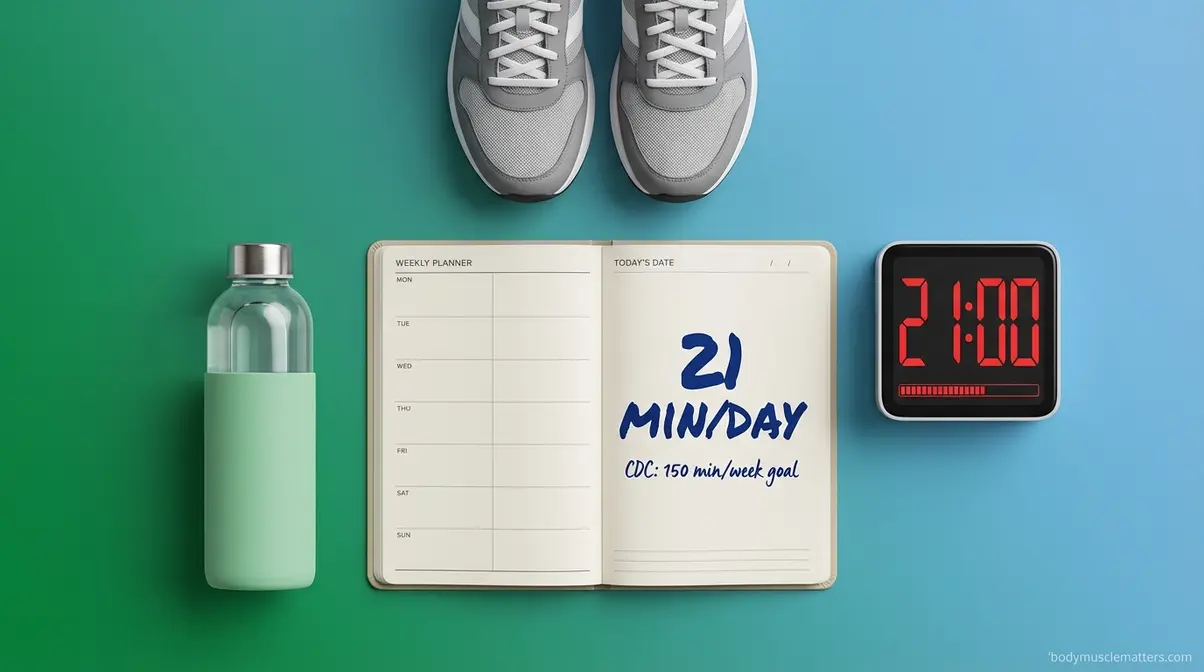 Planner showing 21 minutes of daily exercise representing the CDC 150-minute weekly activity rule