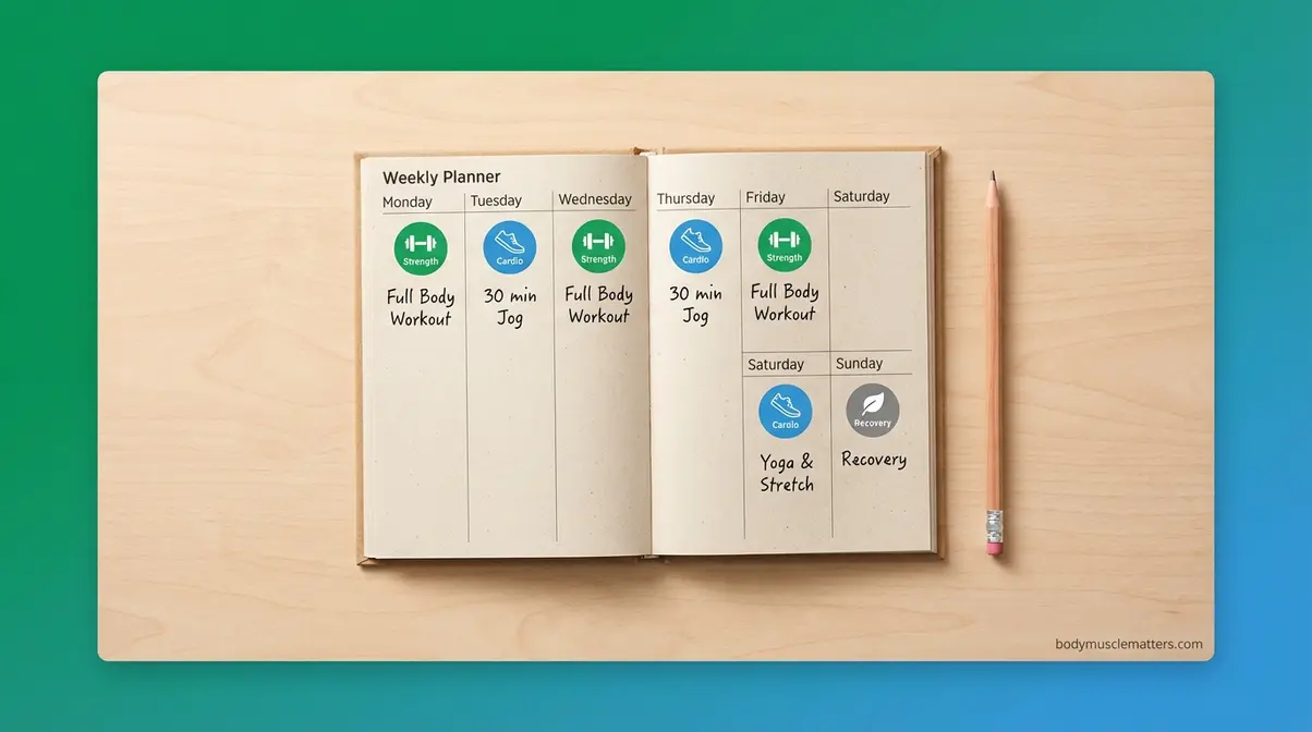 Weekly planner showing the 3-3-3 exercise rule with strength, cardio, and recovery days marked
