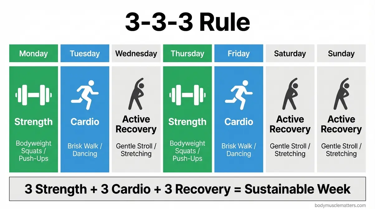 Diagram of the 3-3-3 exercise rule showing 3 strength days, 3 cardio days, and 3 active recovery days per week