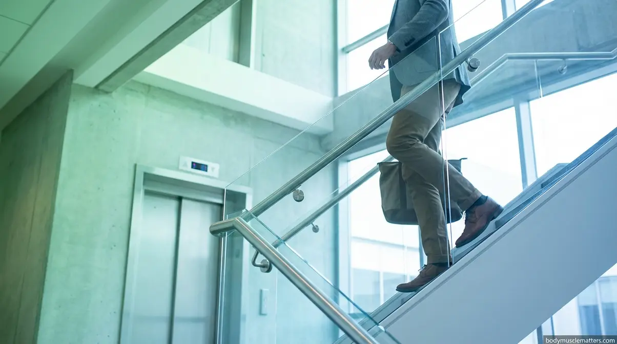 Person walking up office stairs for active commute exercise instead of taking the elevator