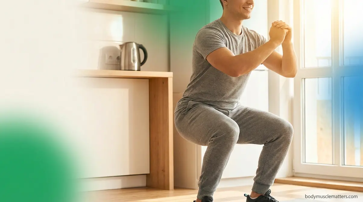 Person doing a simple squat at home in a kitchen to stay active every day without equipment