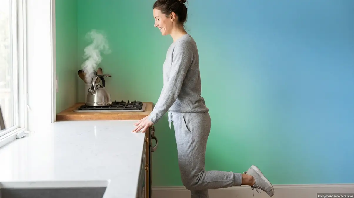 Person doing calf raises beside a kitchen kettle showing a 2-minute exercise snack in action