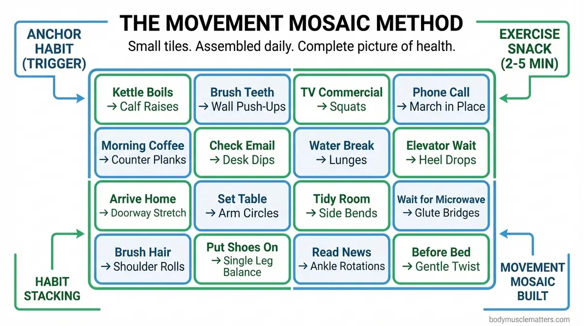 Diagram of the Movement Mosaic Method showing small movement moments anchored to existing daily habits