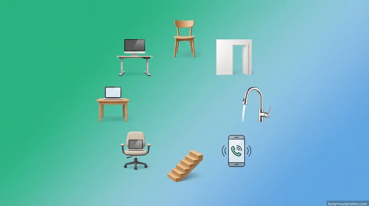 Seven household anchor items representing sneaky at-home workouts for remote workers to stay active every day