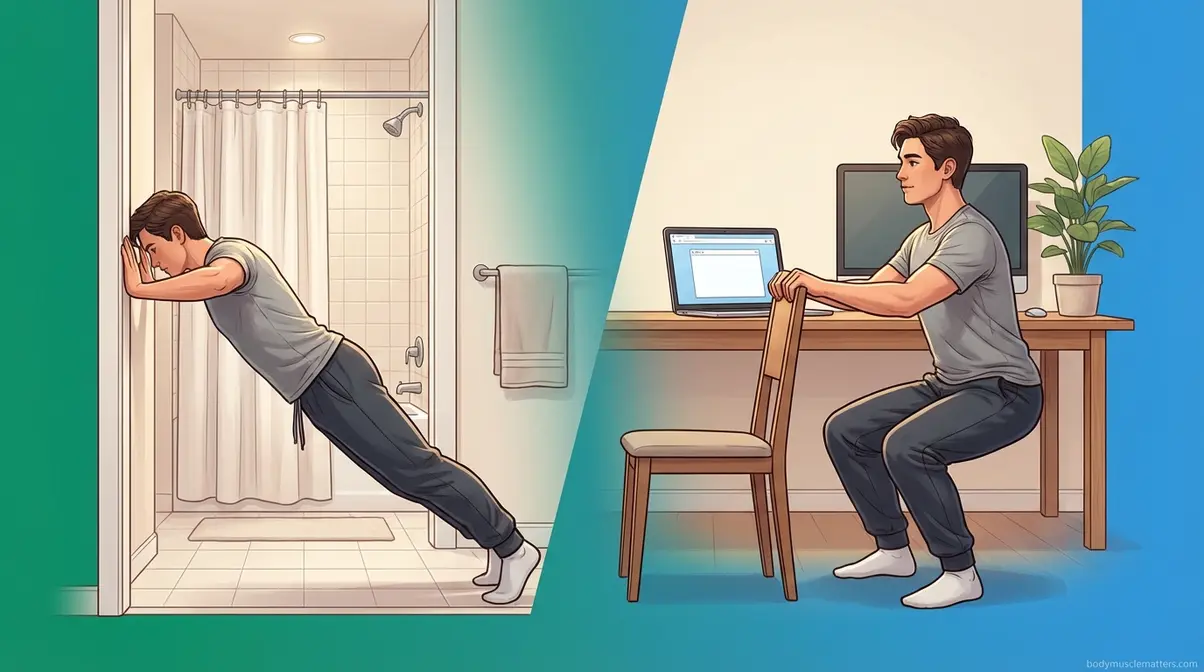 Person doing wall push-ups and chair squats at home and desk to stay active every day without a gym