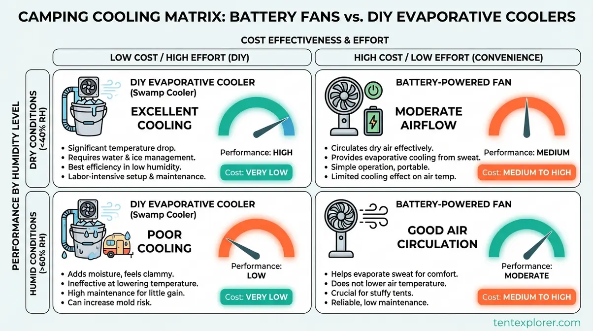 Comparison chart of battery powered fan versus DIY evaporative cooler for camping showing cost effectiveness and humidity conditions