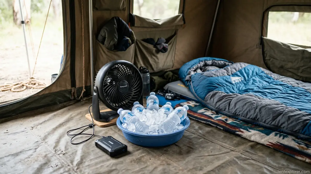 DIY evaporative cooler using battery fan and ice in a tent