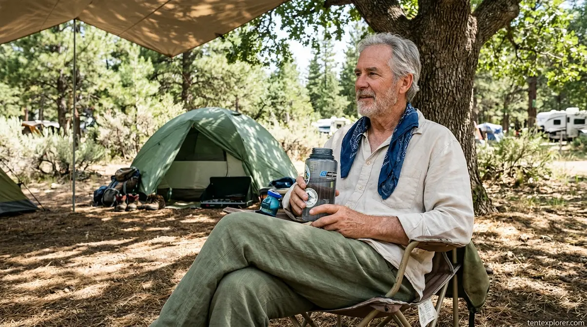 Camper wearing a wet bandana and light clothing to stay cool