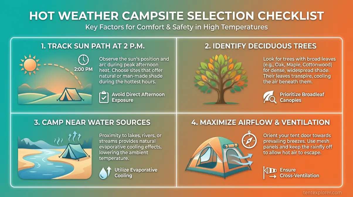 How to stay cool while camping campsite selection checklist showing shade sun path and water proximity