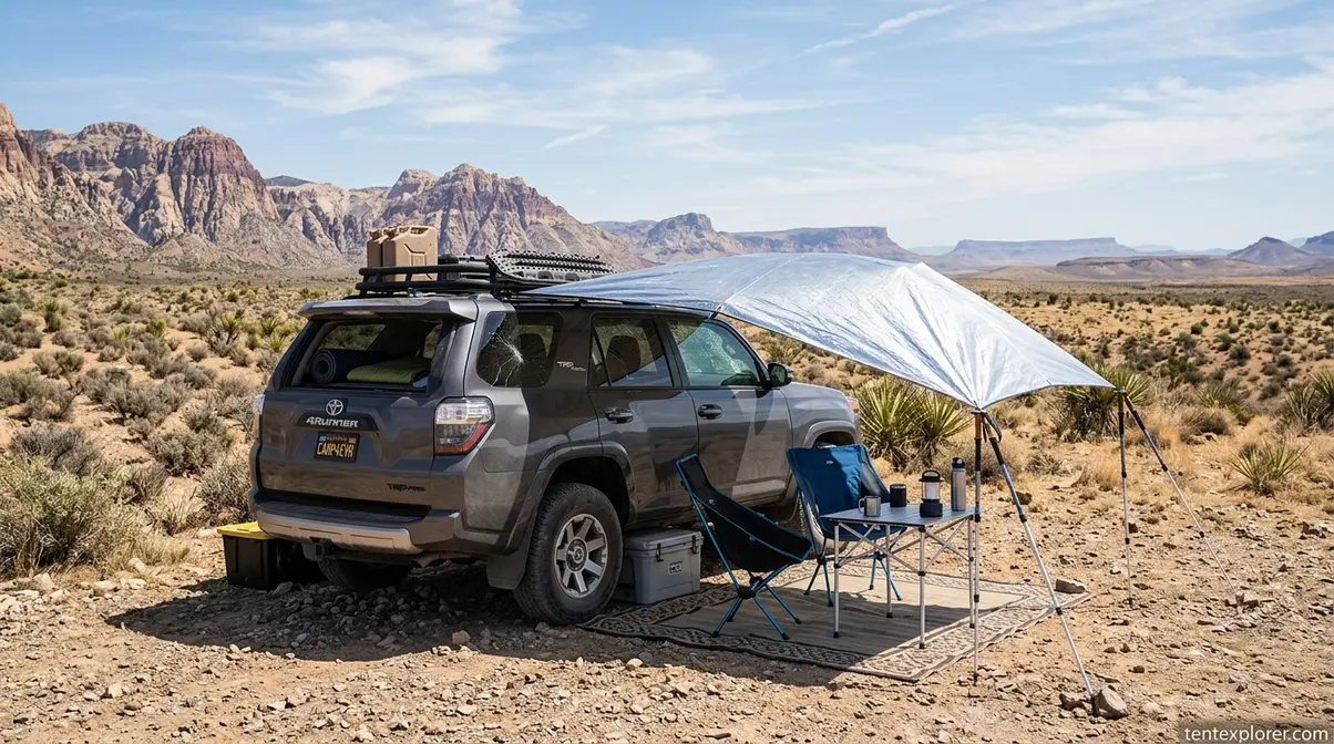 Desert car camping setup with artificial shade canopy