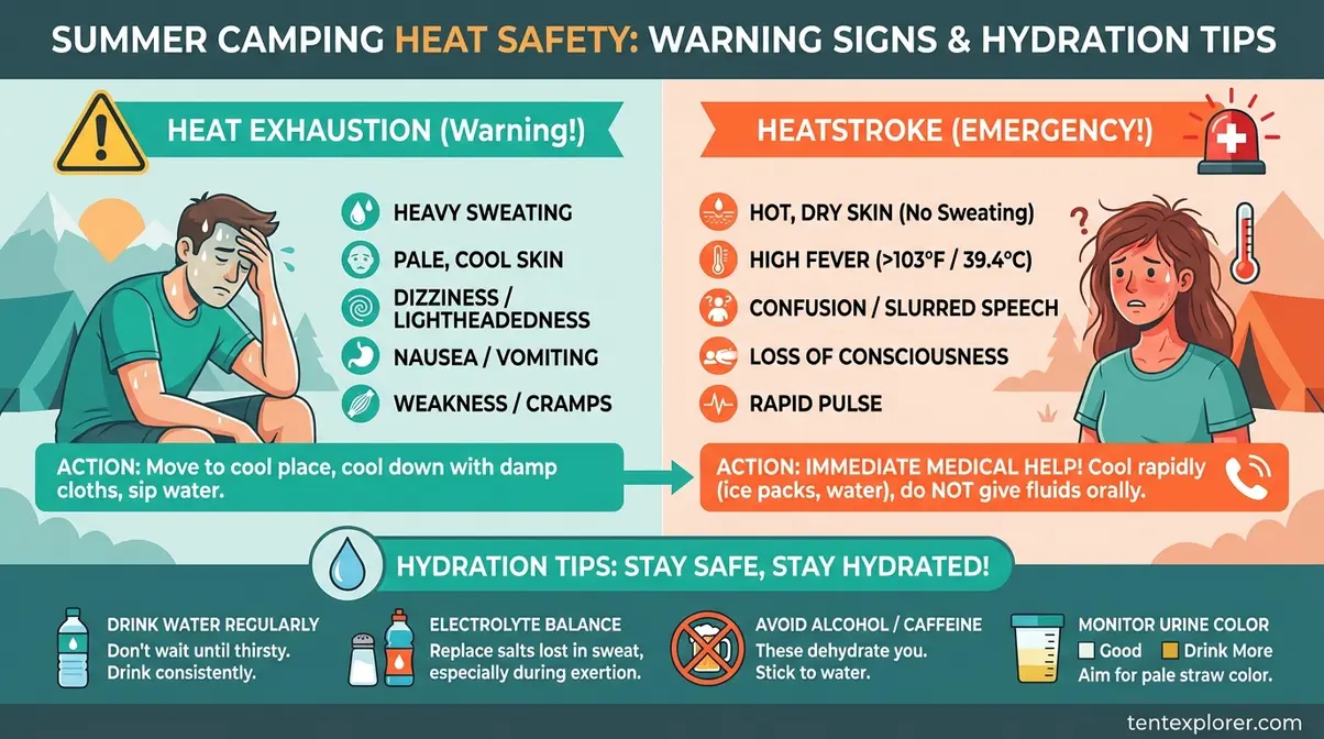 Infographic showing heat illness warning signs and hydration tips for summer camping in extreme heat