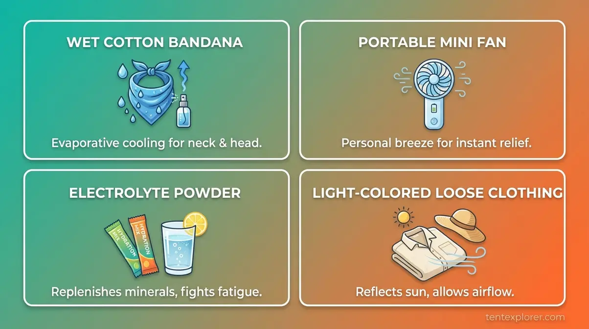 Checklist of personal cooling gear for camping including bandana fan electrolytes and light clothing