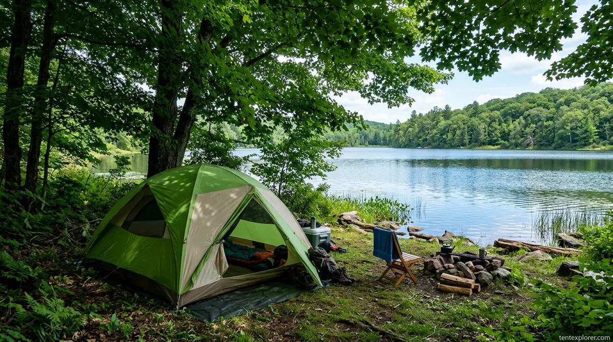 Shaded summer campsite pitched near water to stay cool