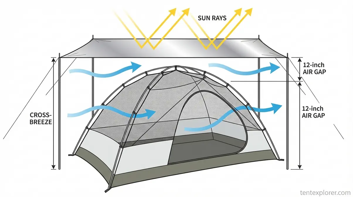 Diagram showing reflective tarp 12 inches above tent with air gap for convective cooling and cross-breeze arrows