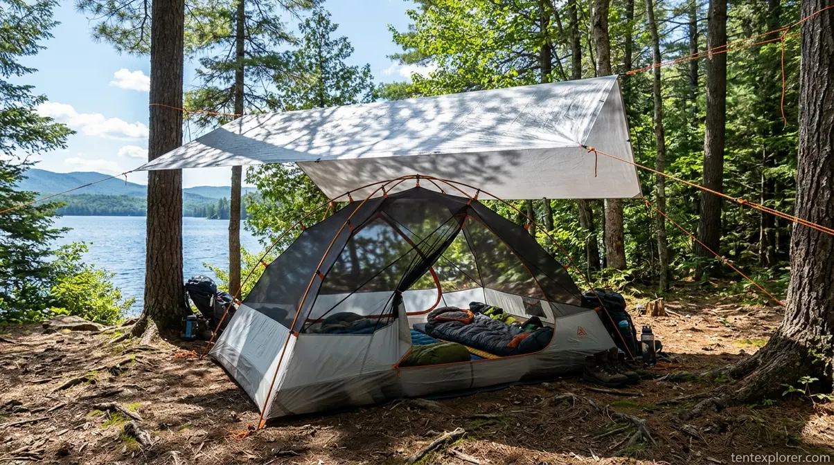 Camping tent with rainfly removed under a reflective tarp