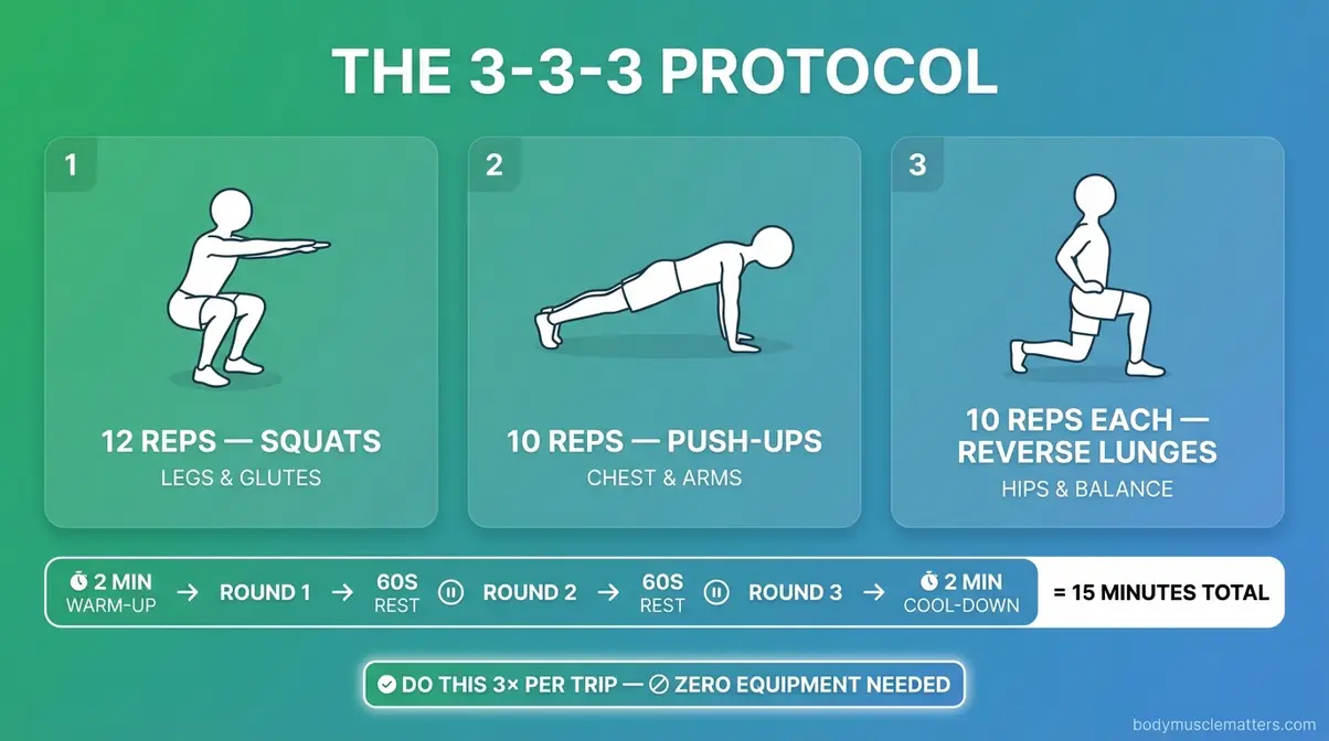 Visual guide to the 3-3-3 hotel bodyweight circuit for staying fit while travelling