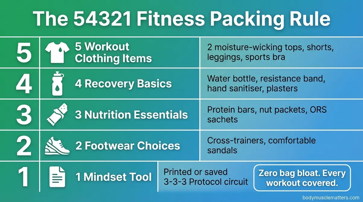 54321 travel fitness packing cheat sheet with five gear categories for hotel workouts