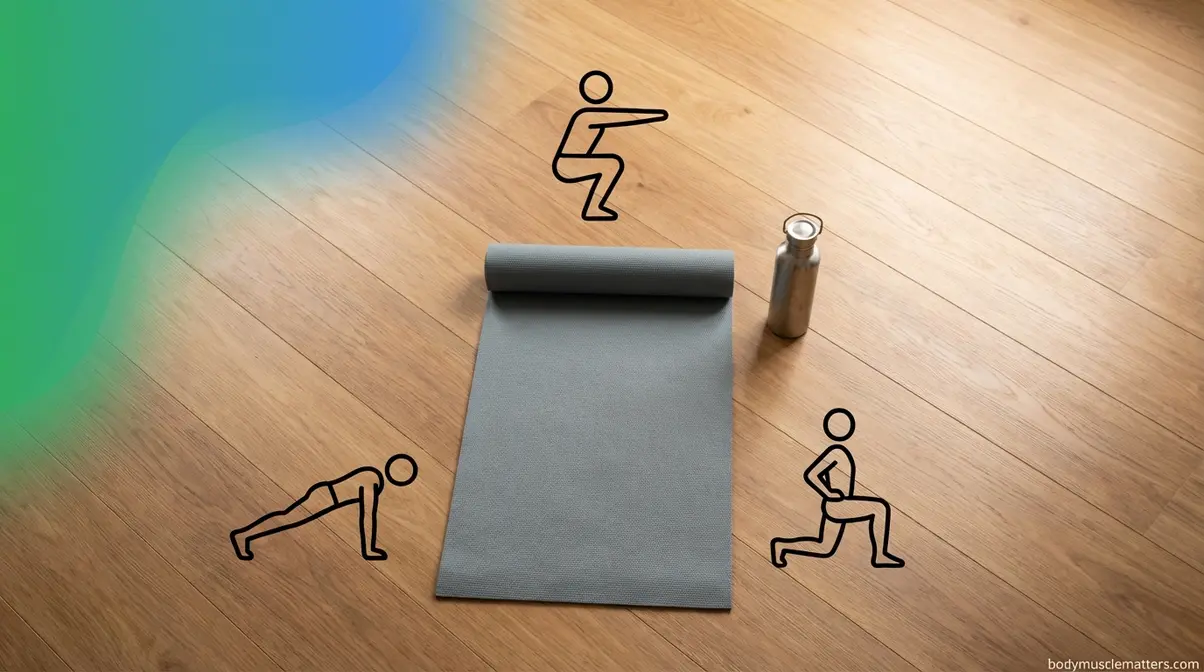 Hotel room floor space set up for a three-exercise bodyweight circuit workout