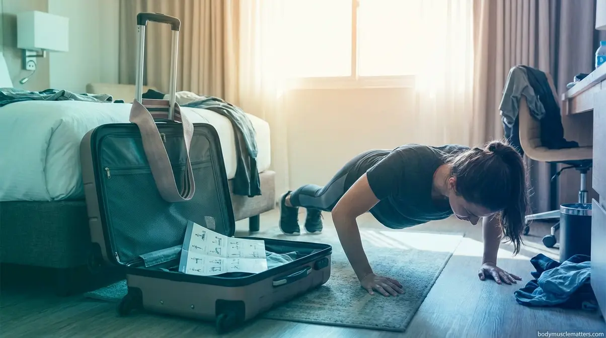 Traveller doing morning push-up beside open suitcase with resistance band and workout plan visible