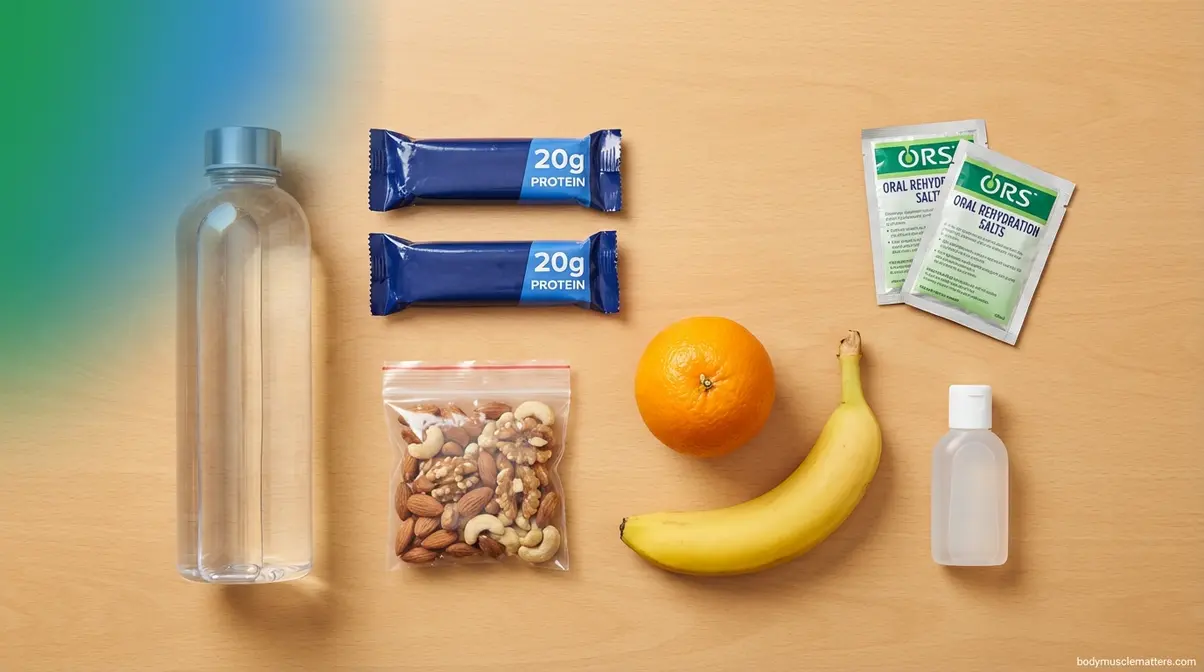 Travel nutrition essentials including water bottle, protein bars, nuts and ORS sachets on hotel desk