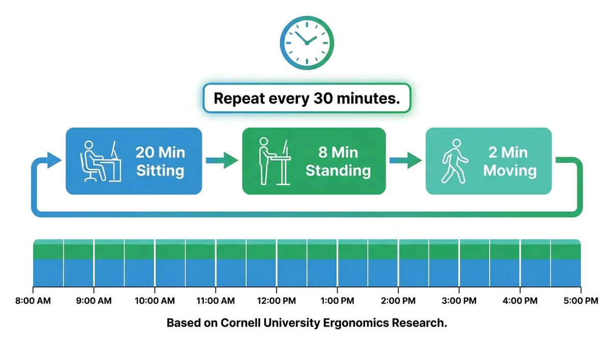 Infographic showing the 20-8-2 rule cycle for desk workers — 20 minutes sitting, 8 standing, 2 minutes moving repeated throughout the workday