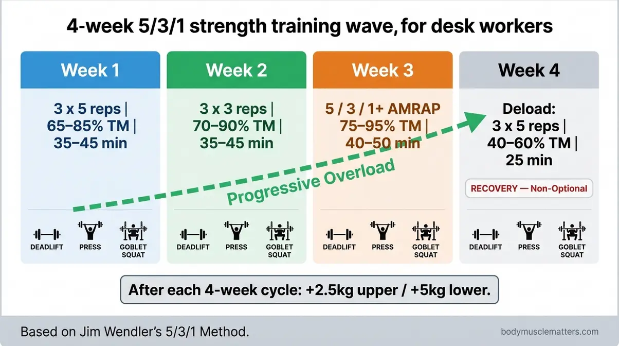 Four-week 5-3-1 strength program wave progression chart for desk workers showing sets, reps, and training max percentages per week