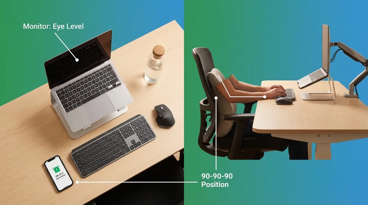 Properly configured ergonomic desk workspace with monitor at eye level, lumbar chair support, and 20-8-2 alarm visible on phone