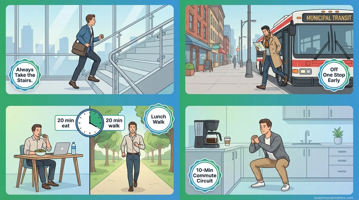 Four illustrated lunch break and commute fitness hacks for desk workers including stair climbing, early bus stops, and lunch walks