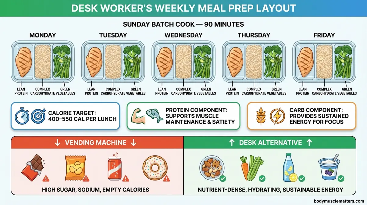 Infographic showing a weekly meal prep layout for sedentary office workers with five balanced lunch containers and healthy snack swaps