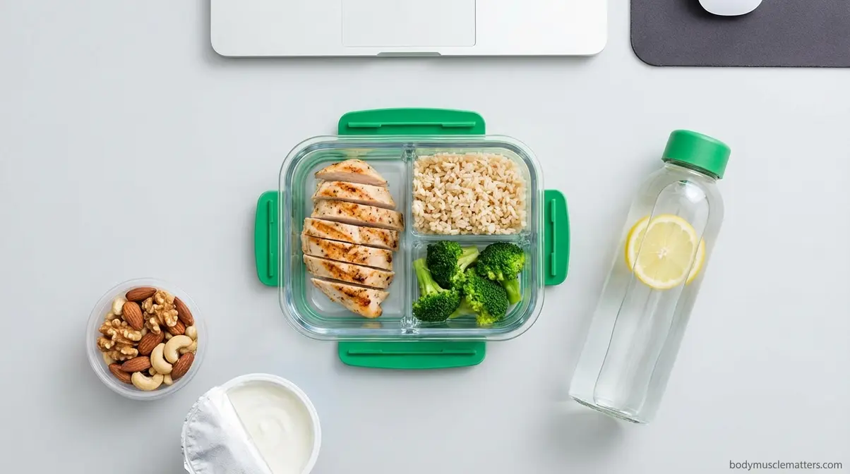 Healthy meal prep container with lean protein, complex carbs, and vegetables alongside a water bottle on an office desk
