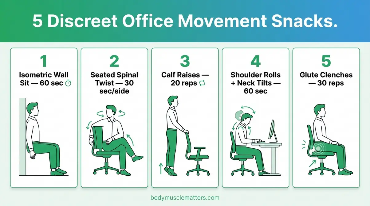 Illustrated infographic of five discreet office movement snacks for desk workers including wall sits, spinal twists, and calf raises