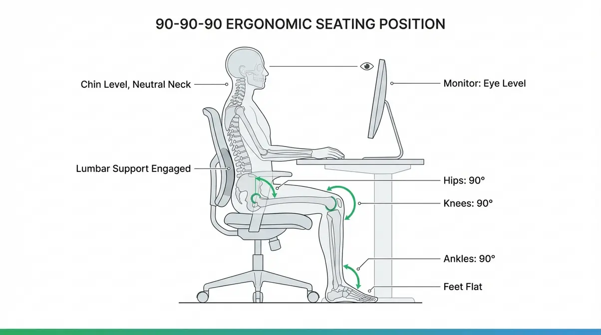 Diagram illustrating the correct 90-90-90 ergonomic seating position with labeled joint angles for desk workers