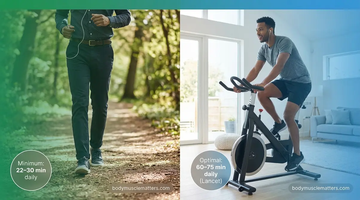 Split image showing a desk worker doing a 30-minute lunch walk and a 60-minute cycling session to offset sitting health risks