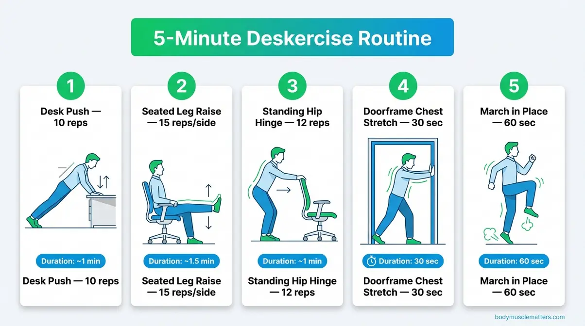Step-by-step illustrated deskercise routine for office workers showing five exercises including desk pushes, leg raises, and marching in place