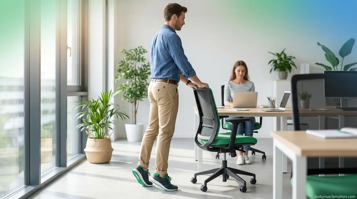 Office worker performing a discreet calf raise movement snack behind their desk chair in a modern open-plan office