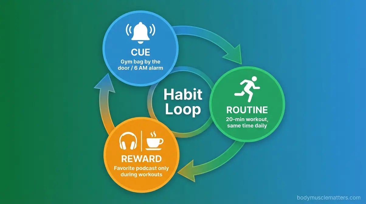 Circular cue-routine-reward habit loop diagram applied to building consistent workout habits