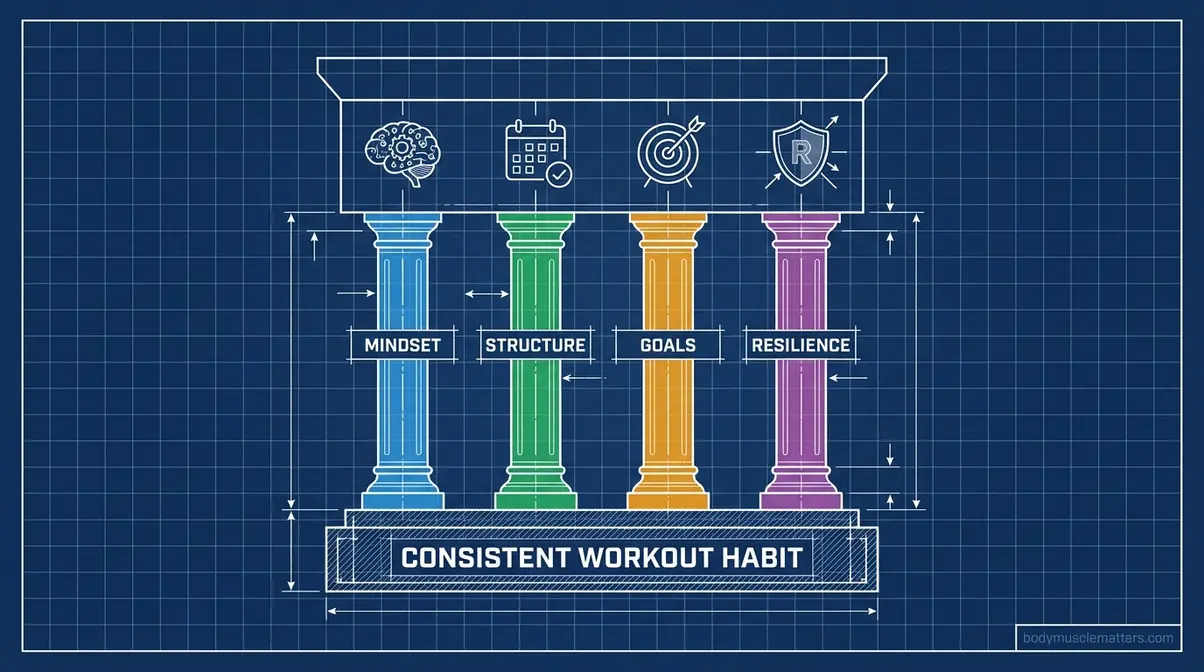 Blueprint illustration of the Discipline Architecture four-pillar habit system for workout consistency