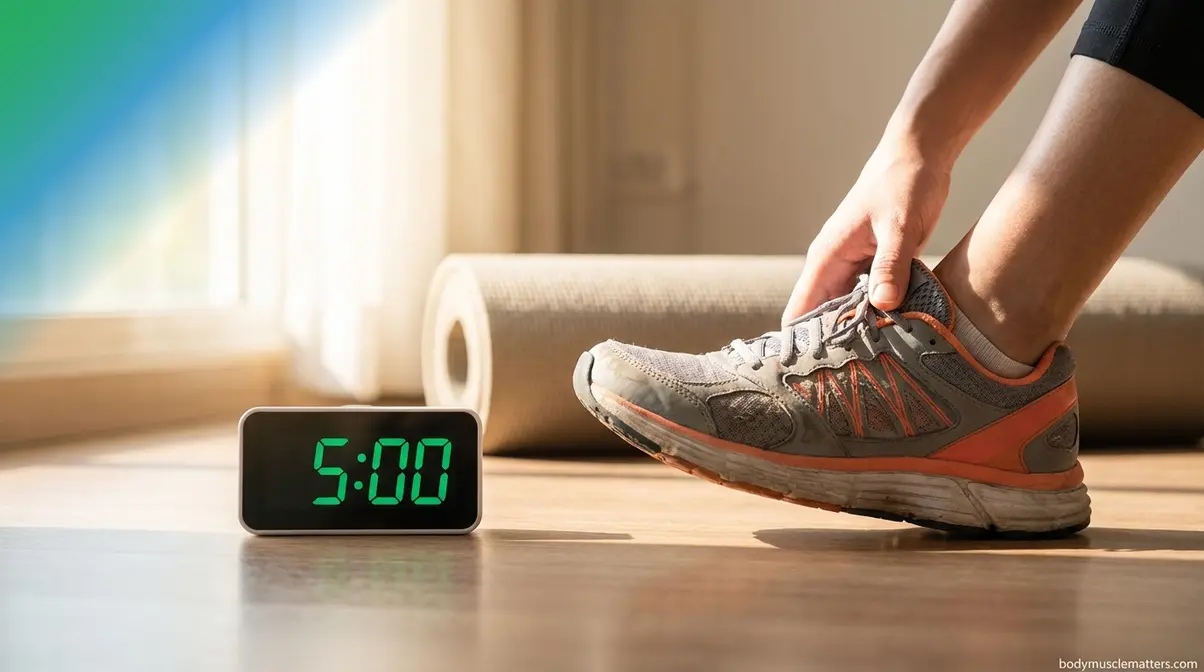 Person placing workout shoes next to a five-minute timer illustrating the 5-Minute Rule for exercise motivation