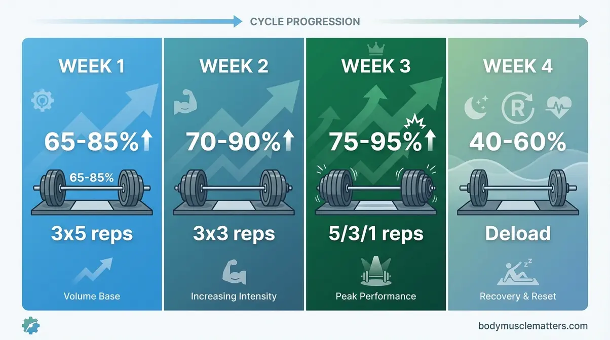 Four-panel graphic showing the 5-3-1 gym program weekly progression from 65 percent to 95 percent intensity