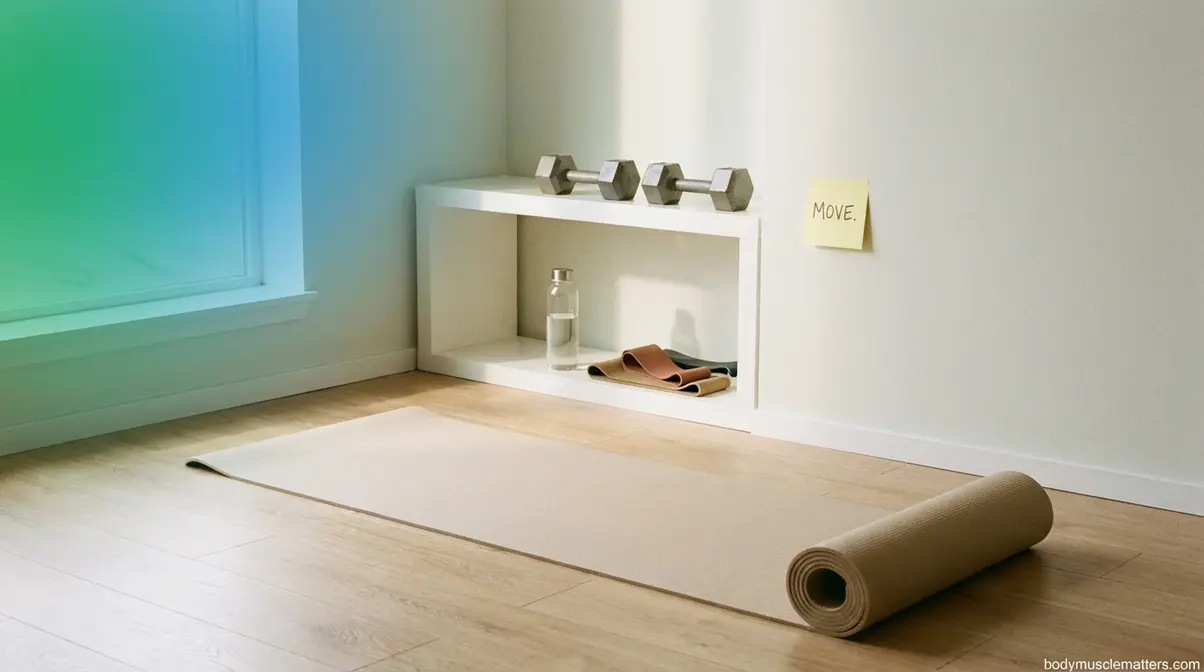 Organized home workout space with yoga mat, dumbbells, and visual cues designed to eliminate exercise friction