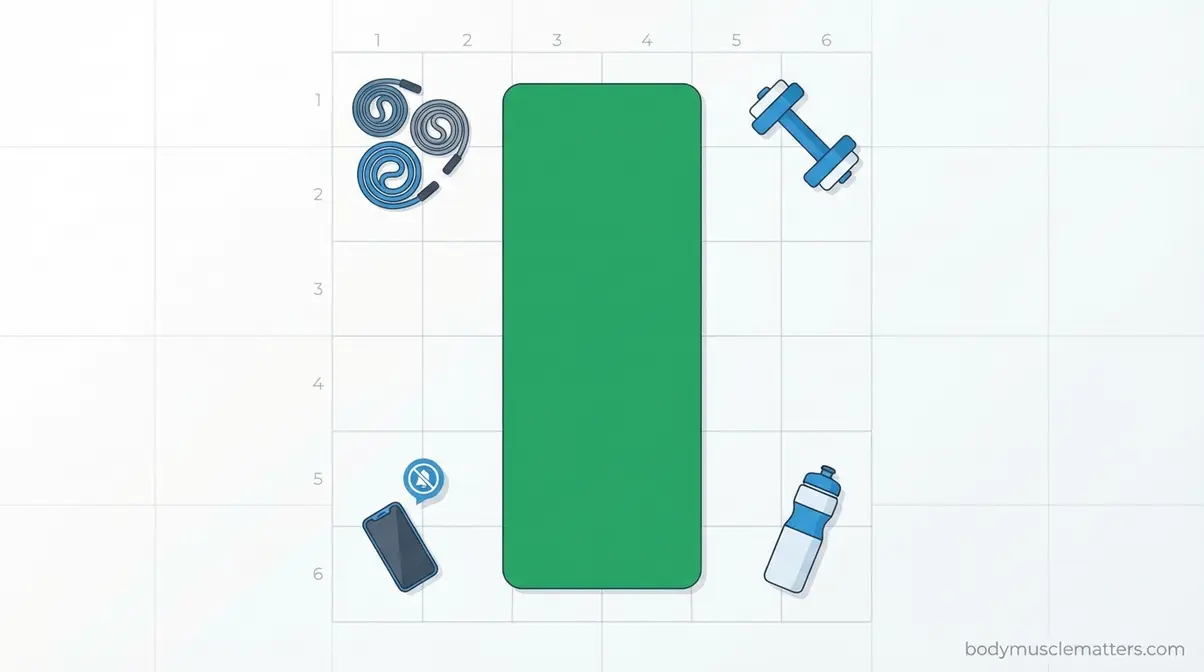 Top-down illustration of a distraction-free home workout space showing yoga mat, dumbbells, and equipment layout