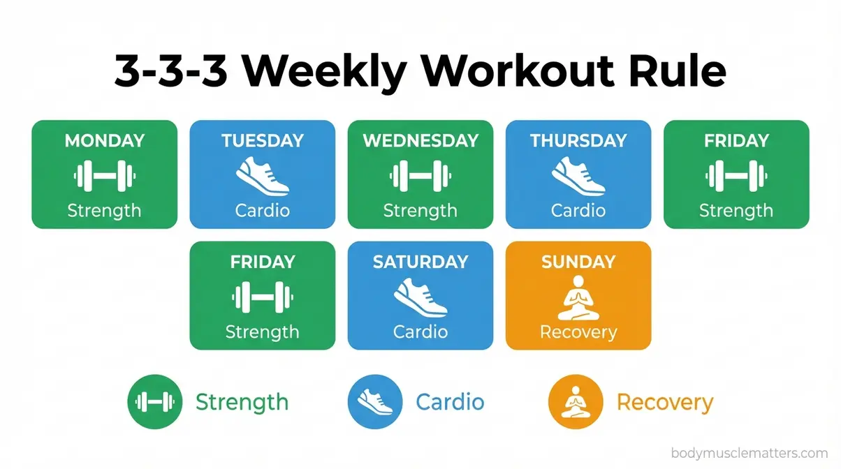 Weekly calendar showing the 3-3-3 workout rule with three strength, three cardio, and one recovery day