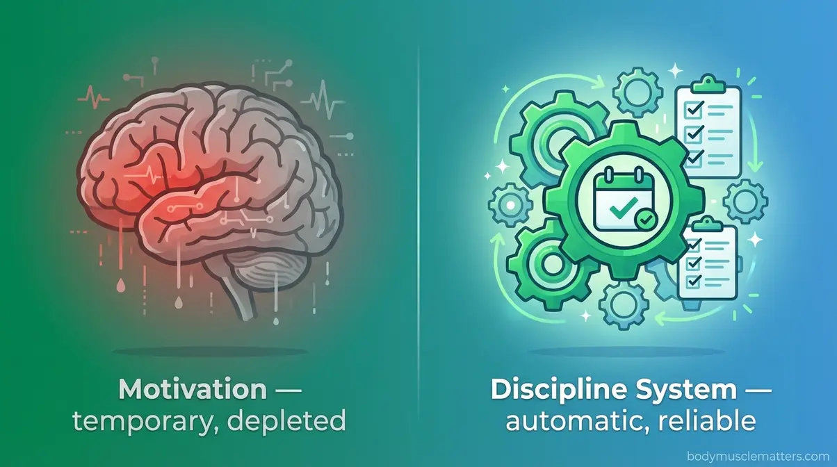 Brain illustration comparing fleeting workout motivation versus a reliable discipline system for exercise consistency