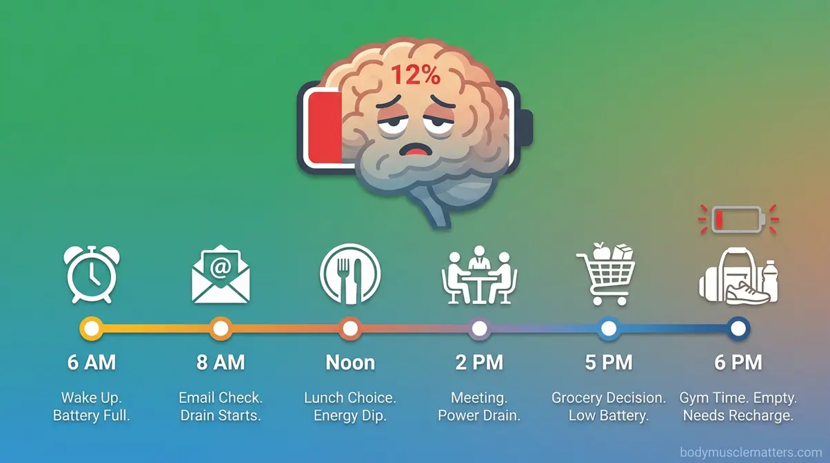 Brain-as-battery illustration showing daily decision fatigue draining willpower before evening workout time