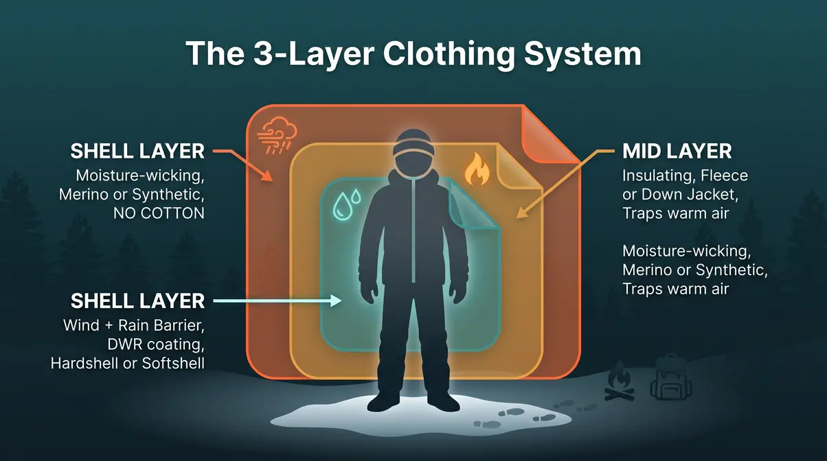 Three-layer camping clothing system diagram showing base mid shell layers for cold weather warmth