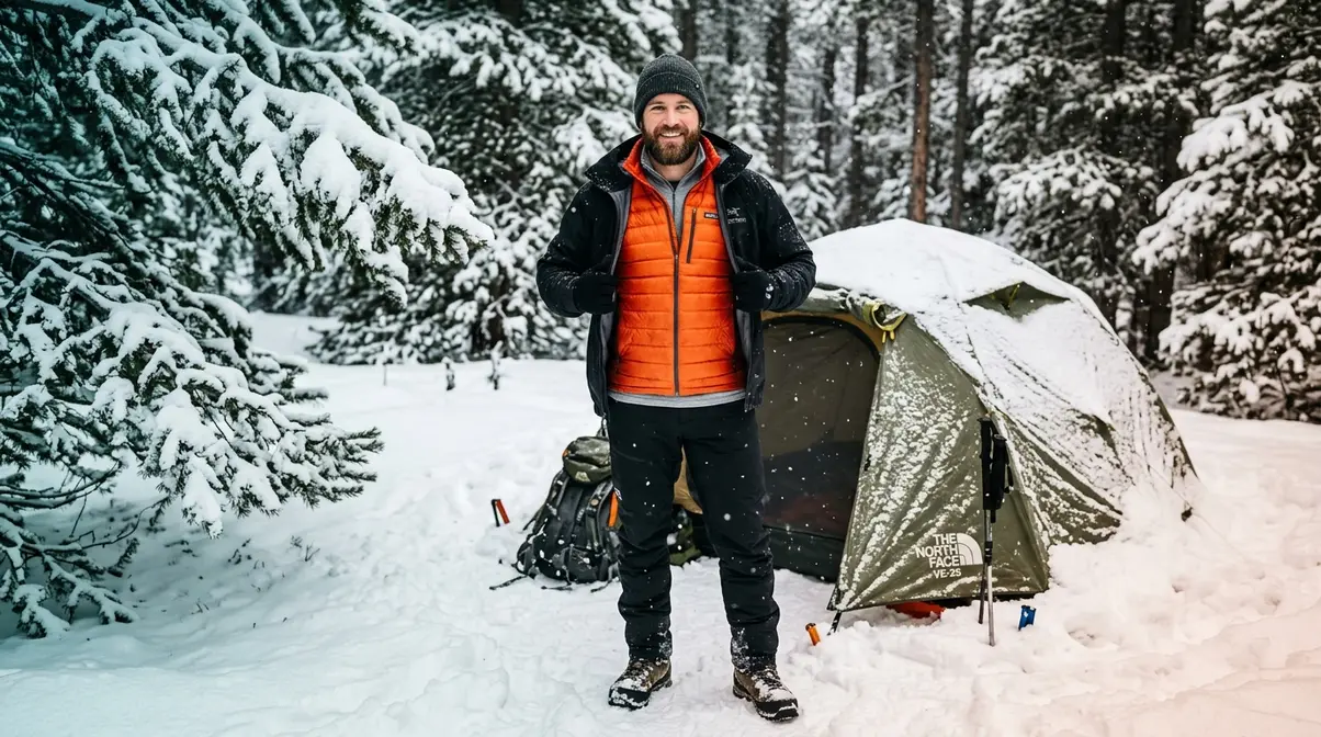 Camper in snowy forest showing three-layer clothing system base merino mid down jacket shell hardshell
