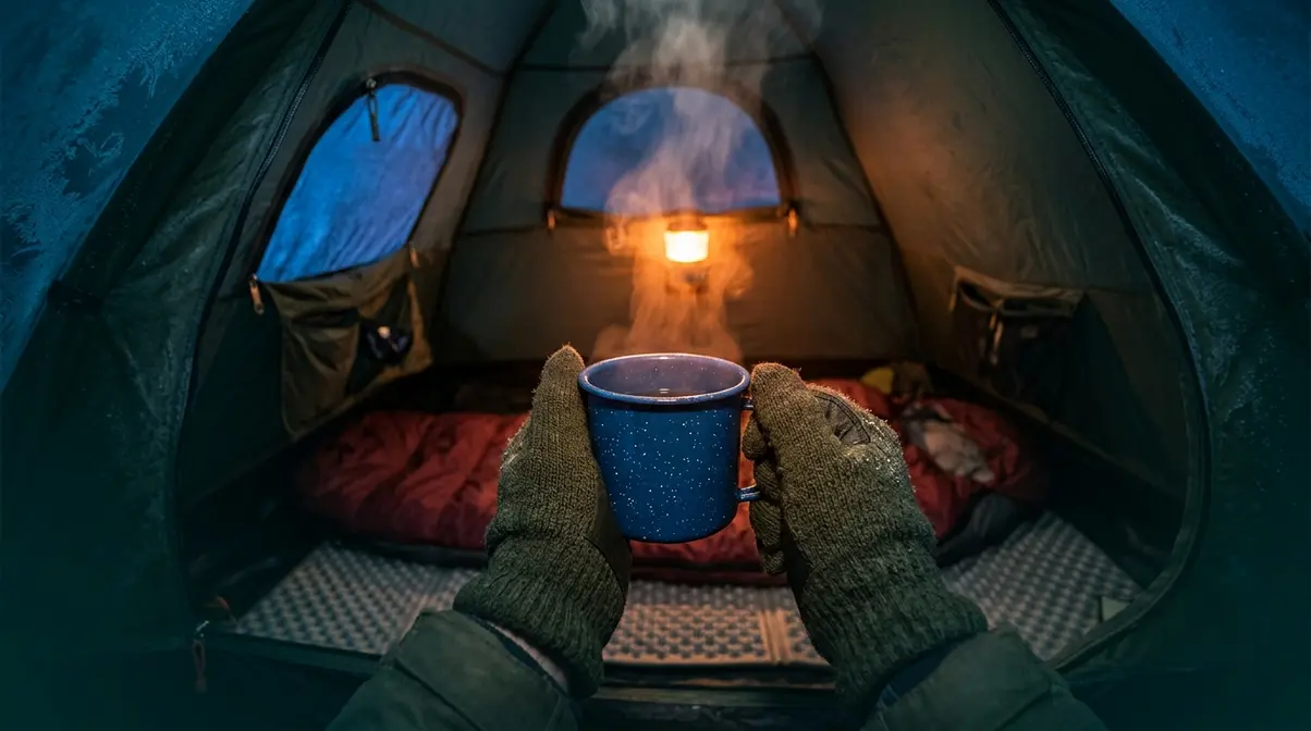 Camper holding hot drink inside cold tent at night illustrating why staying warm camping requires a system