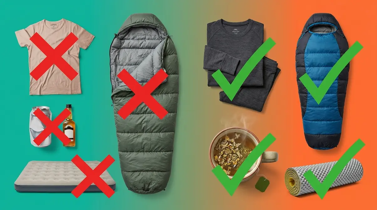 Common camping warmth mistakes showing cotton clothing deflated air mattress and alcohol versus correct alternatives