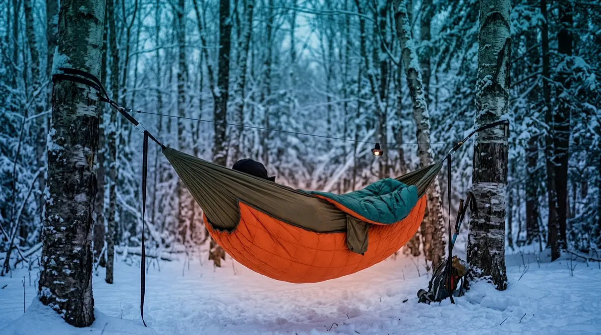 Hammock camping setup in winter forest showing underquilt hanging beneath hammock to prevent cold butt syndrome