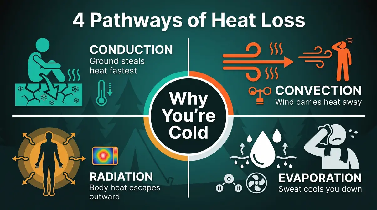 How to stay warm camping heat loss diagram showing four warmth pathways conduction convection radiation evaporation